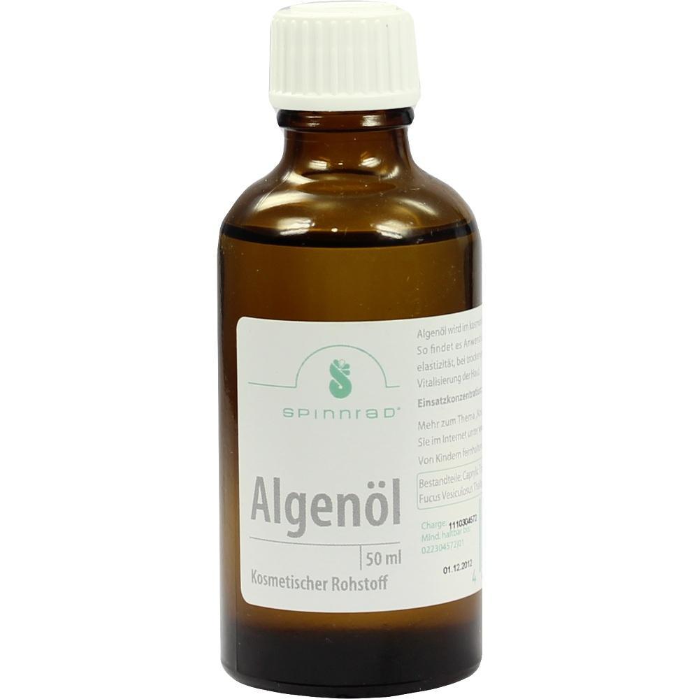 Braune Flasche mit weißem Etikett, beschriftet mit "Algenöl, 50 ml", ein kosmetischer Rohstoff.