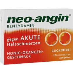 Packung Lutschtabletten gegen Halsschmerzen mit Honig-Orangen-Geschmack, zuckerfrei.